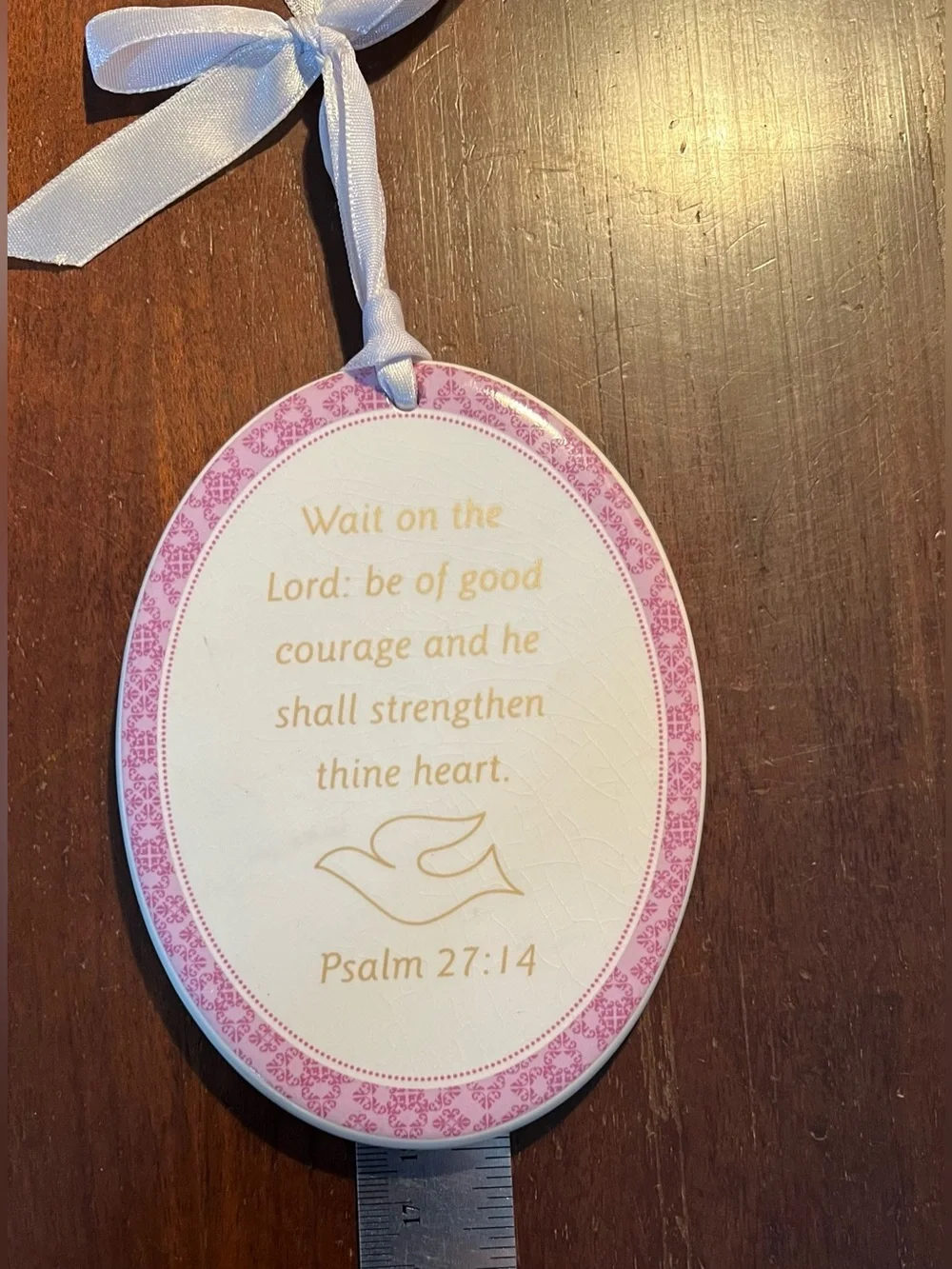 Russ Berrie Lilac/Pink/Gold Oval Psalm 27:14 Hanging Plaque